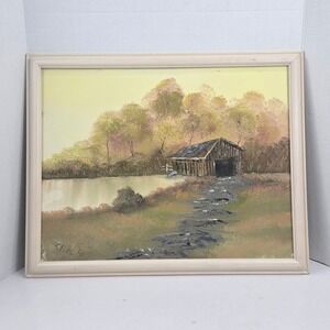 Vtg Original Oil Painting Covered Bridge in Autumn Landscape Tan 14x18 Signed